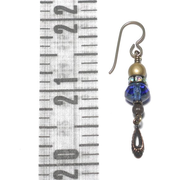 Hand Crafted Handmade Earrings Blue Czech Glass Earrings with Rhinestones - Picture 4 of 5